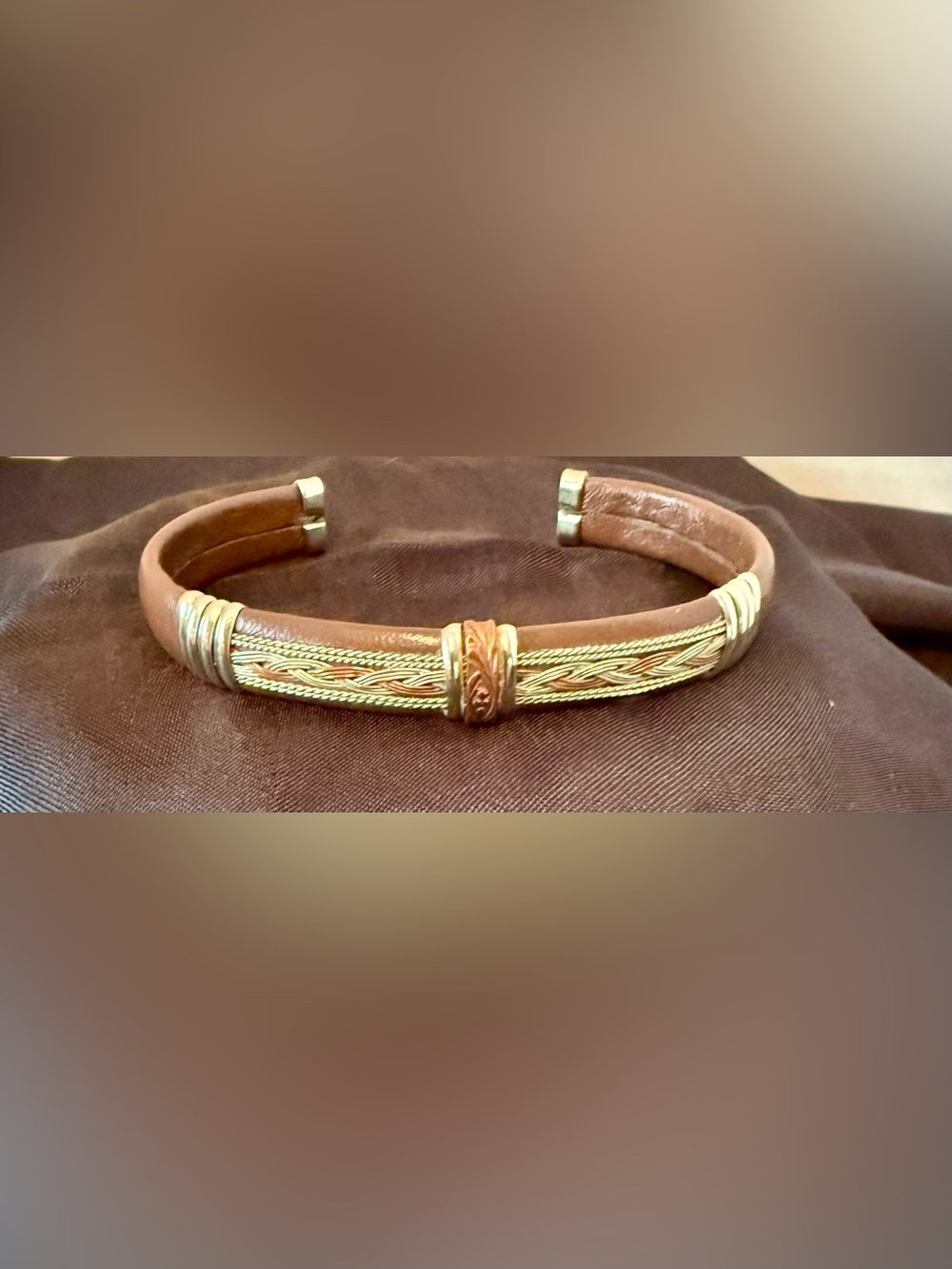 Adjustable Brown Leather Cuff Bracelet with Copper